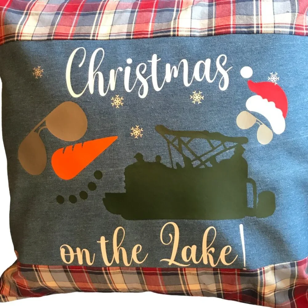 Holiday Lake Scene Pillow Cover, Appliqued Christmas on the Lake w/Pontoon 18x18